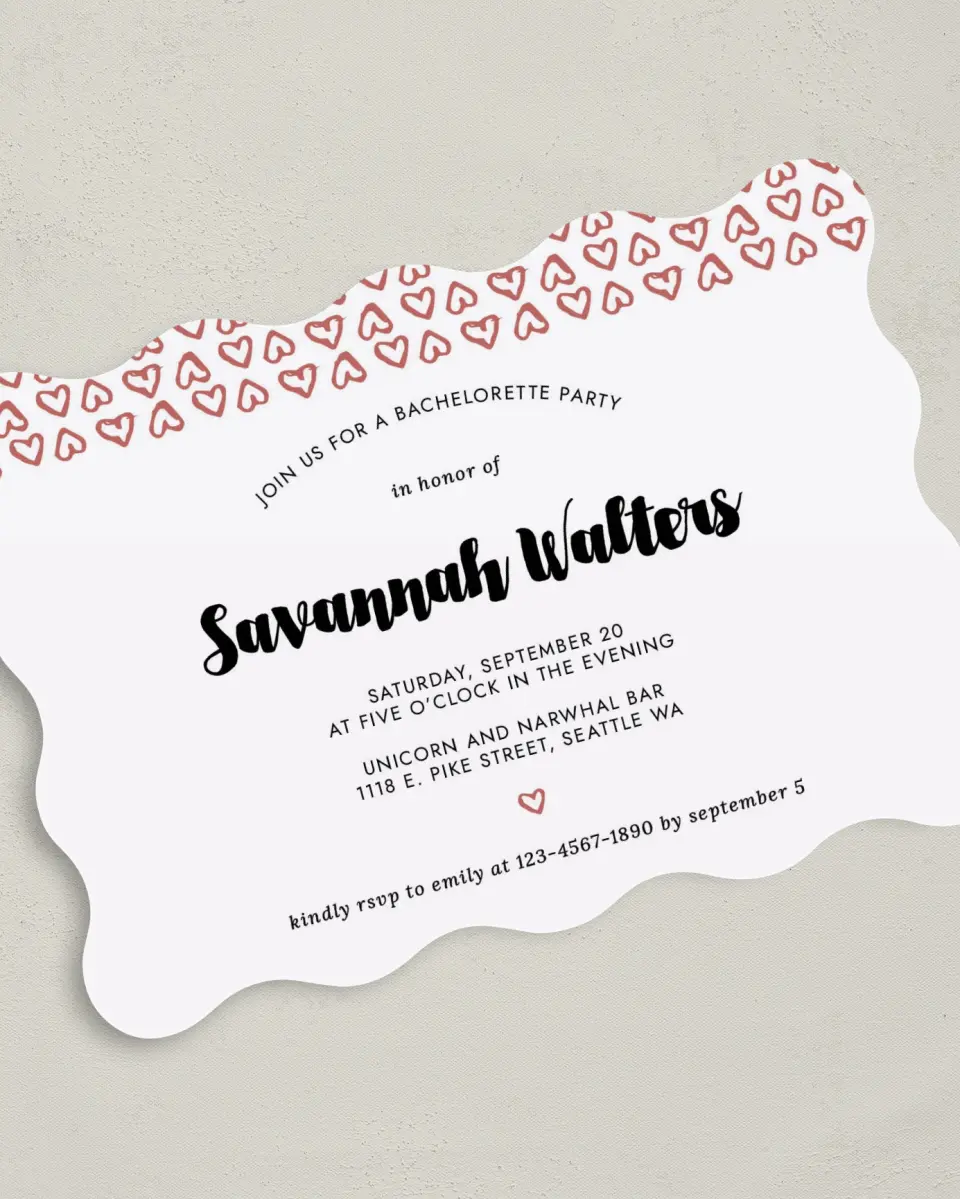 This is a 5" x 7" Bachelorette Party Invitation called Whimsy Hearts printed in full color on Premium Smooth paper