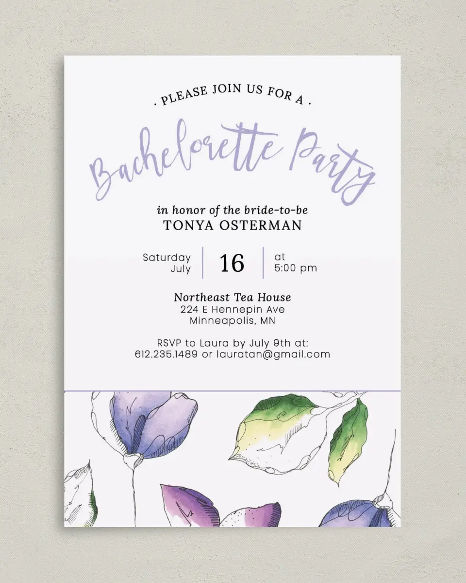 This is a 5" x 7" Bachelorette Party Invitation called Lively Flowers printed in full color on Premium Smooth paper