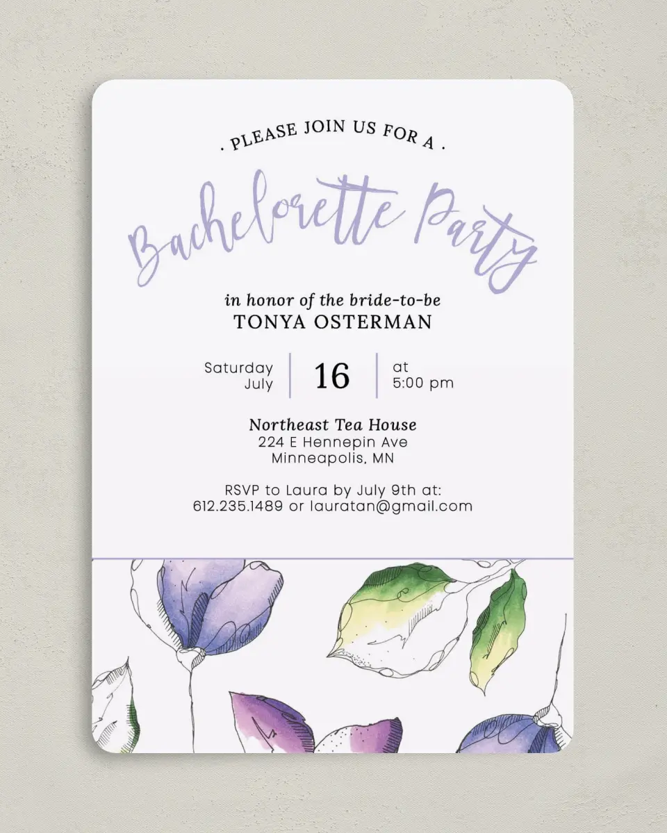 This is a 5" x 7" Bachelorette Party Invitation called Lively Flowers printed in full color on Premium Smooth paper