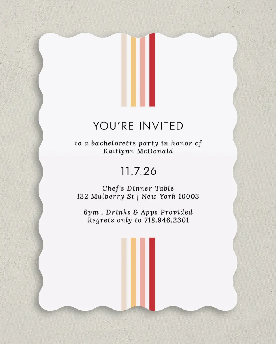 This is a 5" x 7" Bachelorette Party Invitation called Stripey Delight printed in full color on Premium Smooth paper