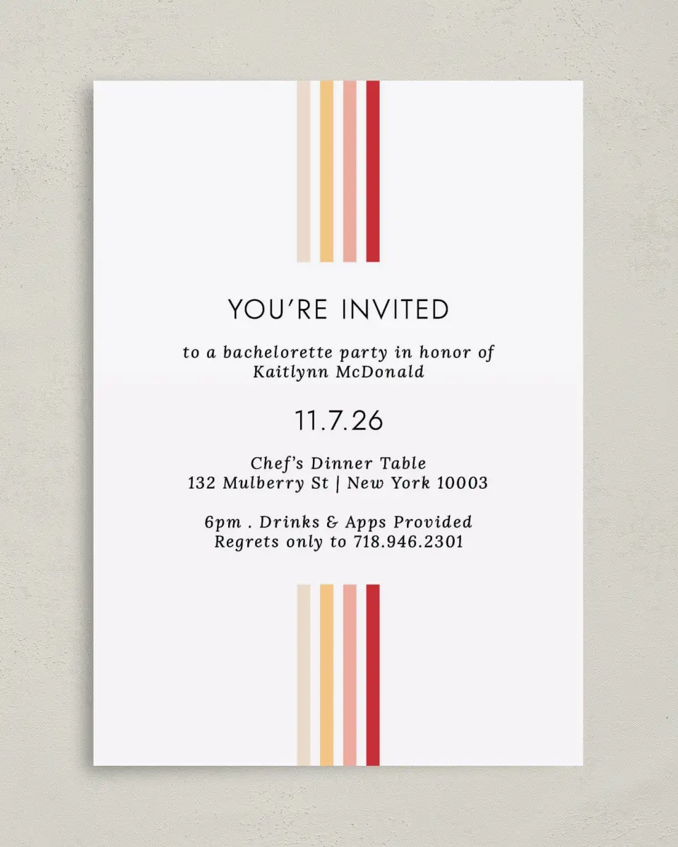 This is a 5" x 7" Bachelorette Party Invitation called Stripey Delight printed in full color on Premium Smooth paper