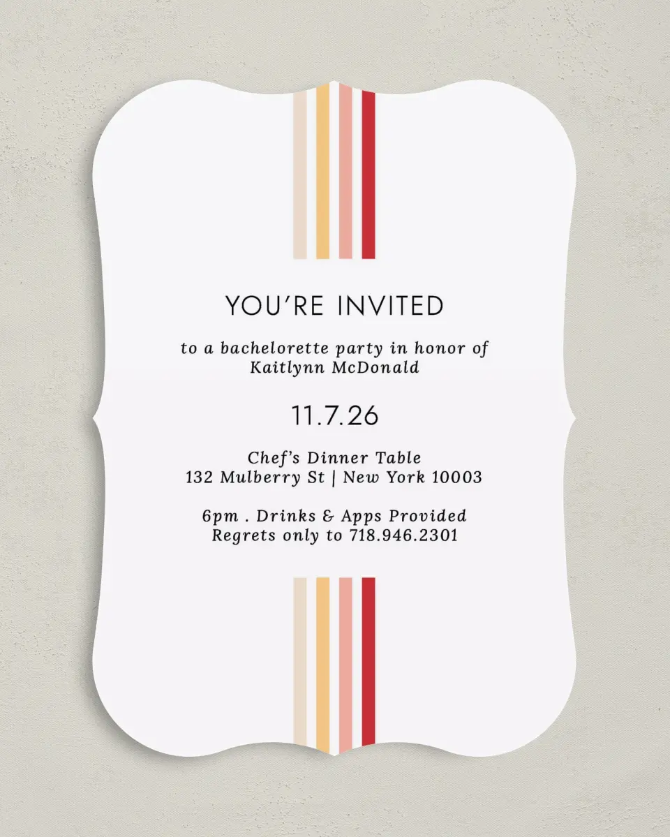This is a 5" x 7" Bachelorette Party Invitation called Stripey Delight printed in full color on Premium Smooth paper