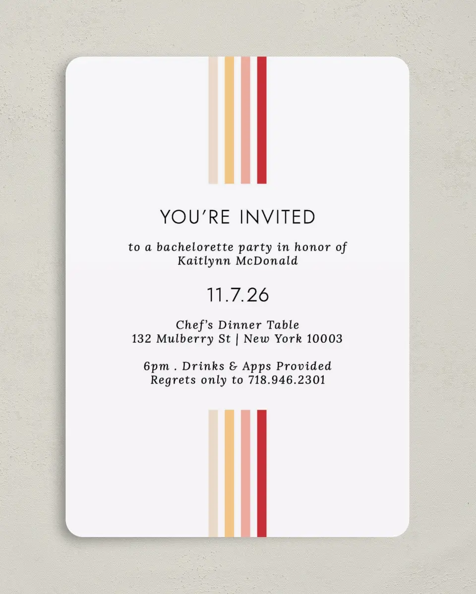 This is a 5" x 7" Bachelorette Party Invitation called Stripey Delight printed in full color on Premium Smooth paper