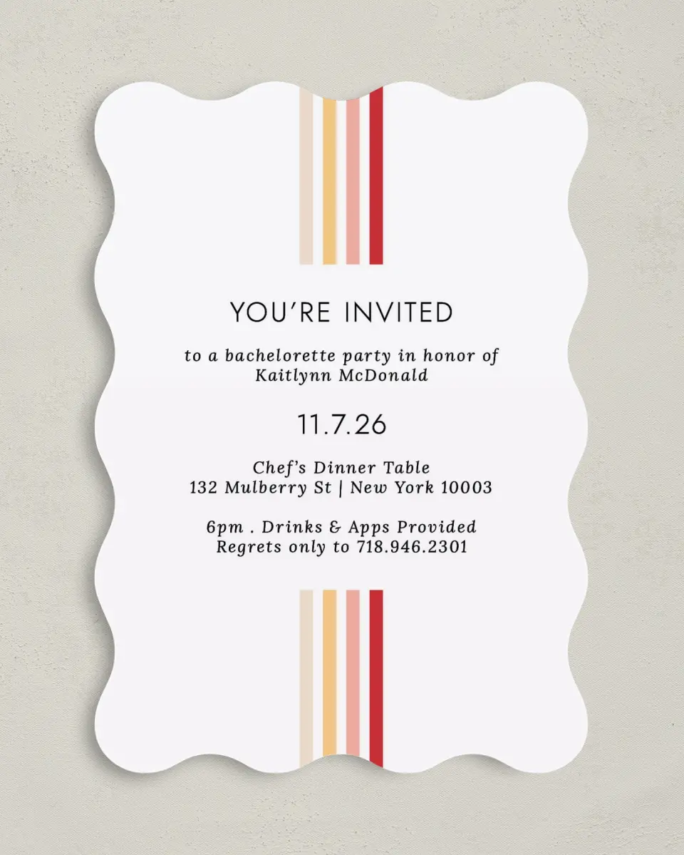 This is a 5" x 7" Bachelorette Party Invitation called Stripey Delight printed in full color on Premium Smooth paper