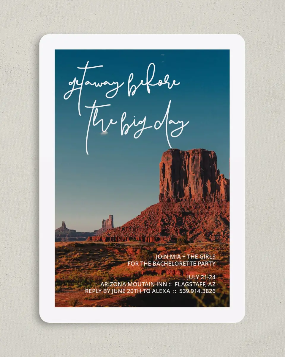 This is a 5" x 7" Bachelorette Party Invitation called Girls Getaway printed in full color on Premium Smooth paper
