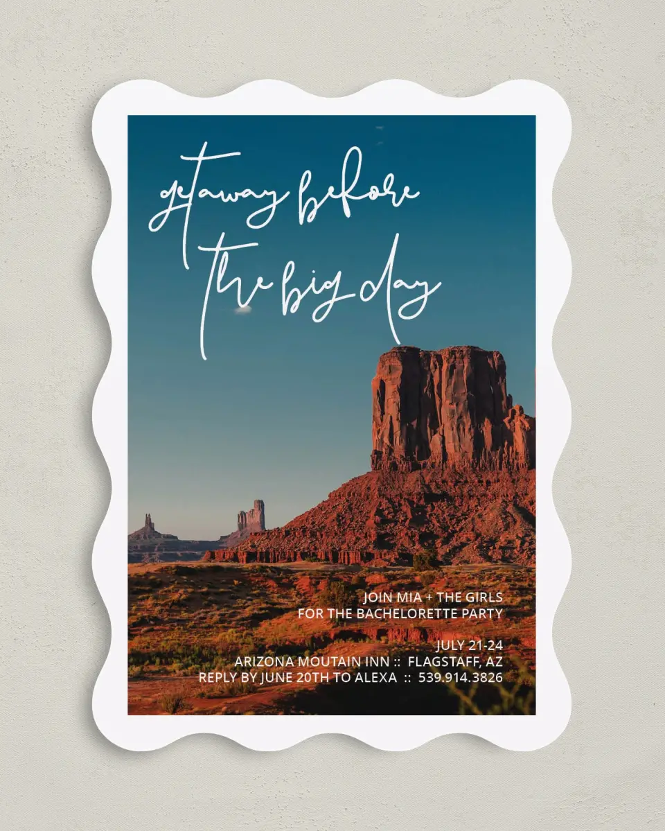This is a 5" x 7" Bachelorette Party Invitation called Girls Getaway printed in full color on Premium Smooth paper