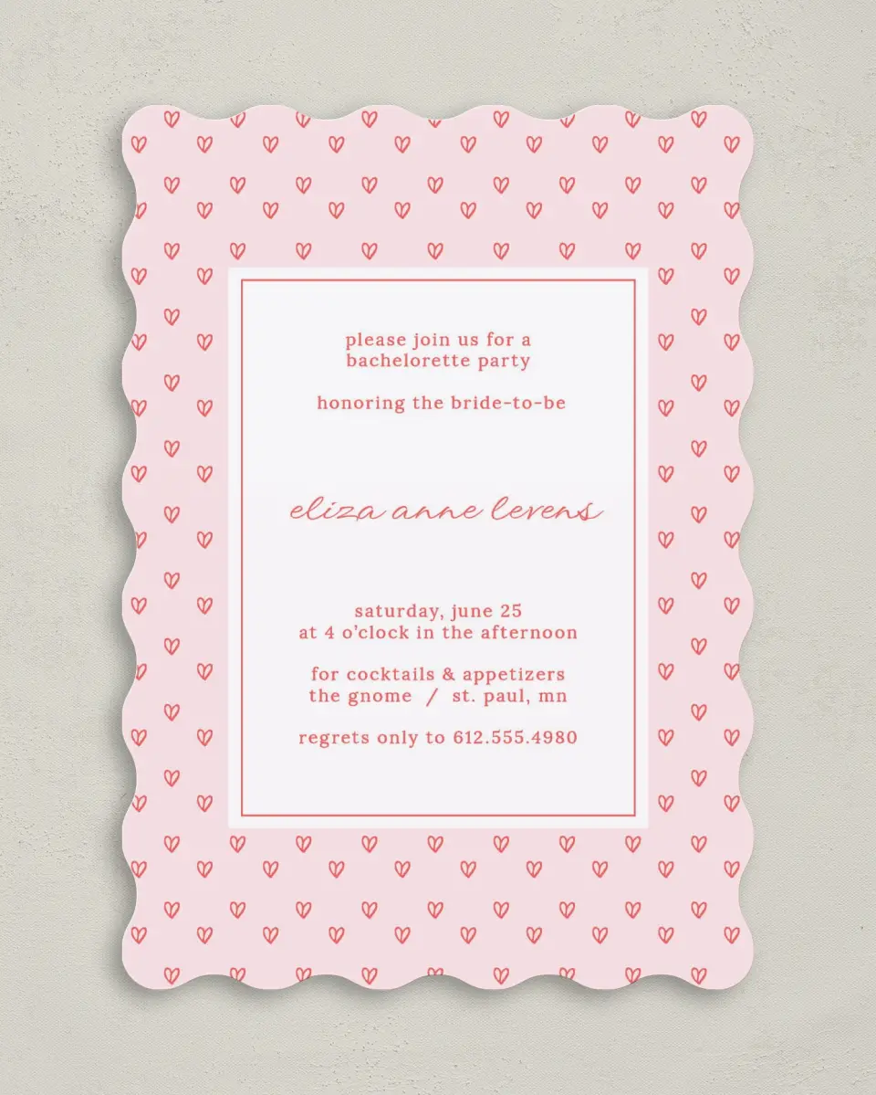 This is a 5" x 7" Bachelorette Party Invitation called Hearts Aplenty printed in full color on Premium Smooth paper