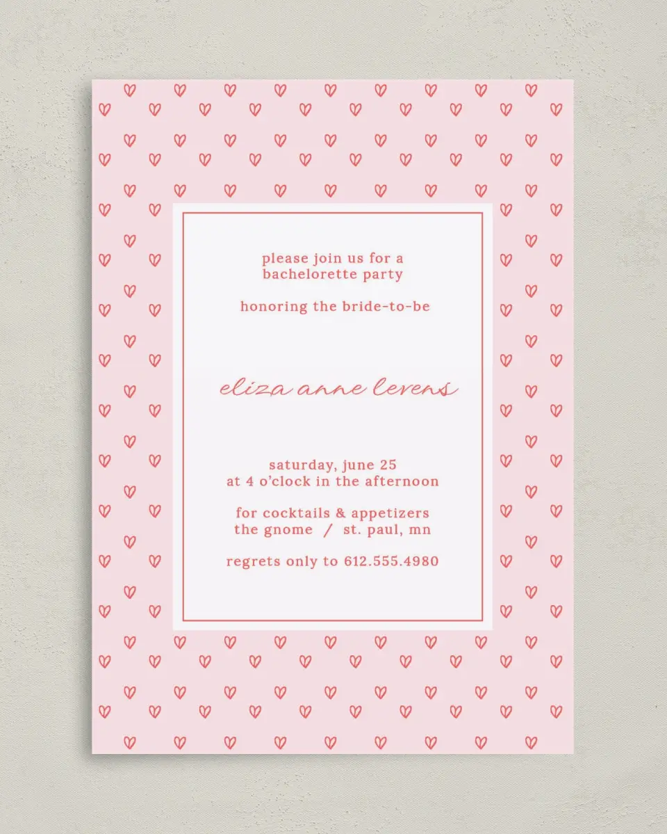 This is a 5" x 7" Bachelorette Party Invitation called Hearts Aplenty printed in full color on Premium Smooth paper