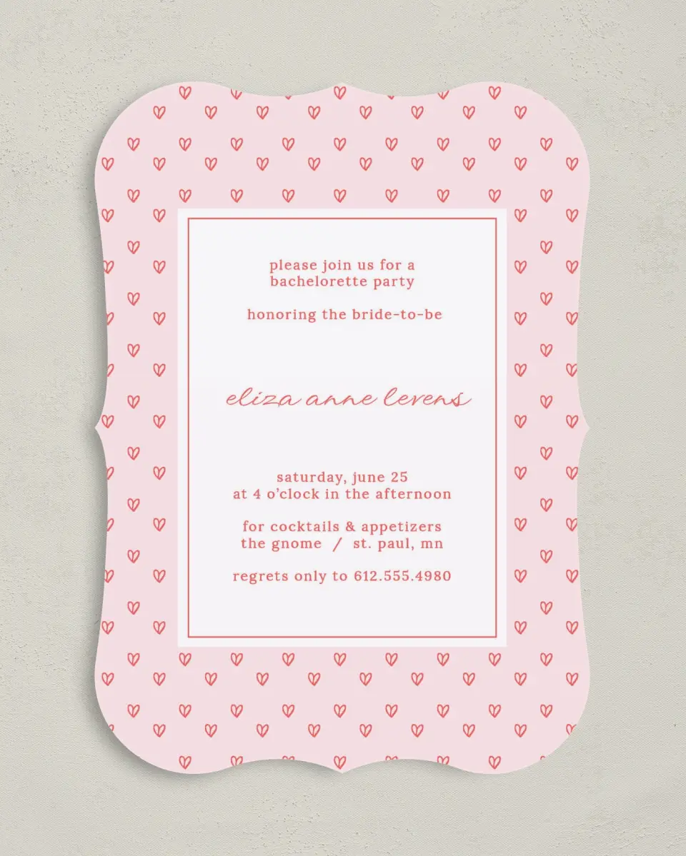 This is a 5" x 7" Bachelorette Party Invitation called Hearts Aplenty printed in full color on Premium Smooth paper