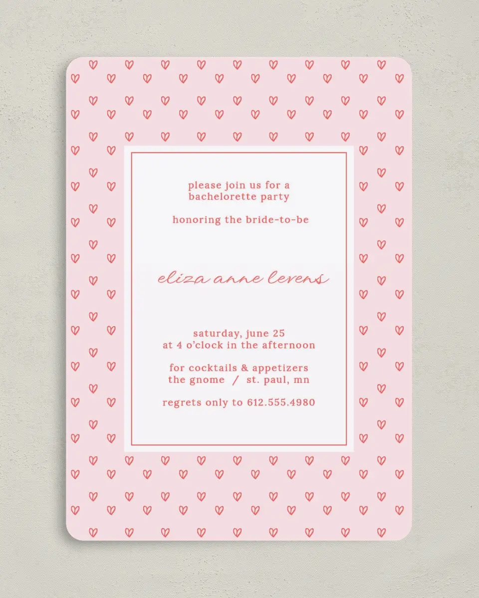 This is a 5" x 7" Bachelorette Party Invitation called Hearts Aplenty printed in full color on Premium Smooth paper