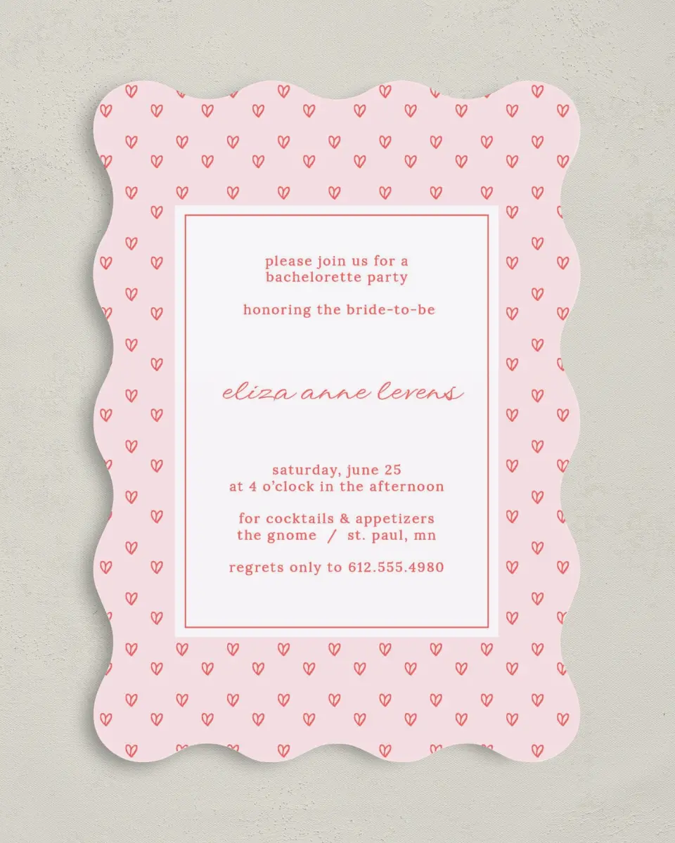 This is a 5" x 7" Bachelorette Party Invitation called Hearts Aplenty printed in full color on Premium Smooth paper