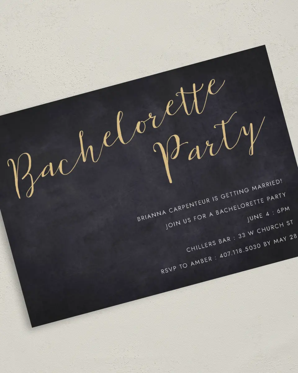 This is a 5" x 7" Bachelorette Party Invitation called Woman of the Hour printed in full color on Premium Smooth paper