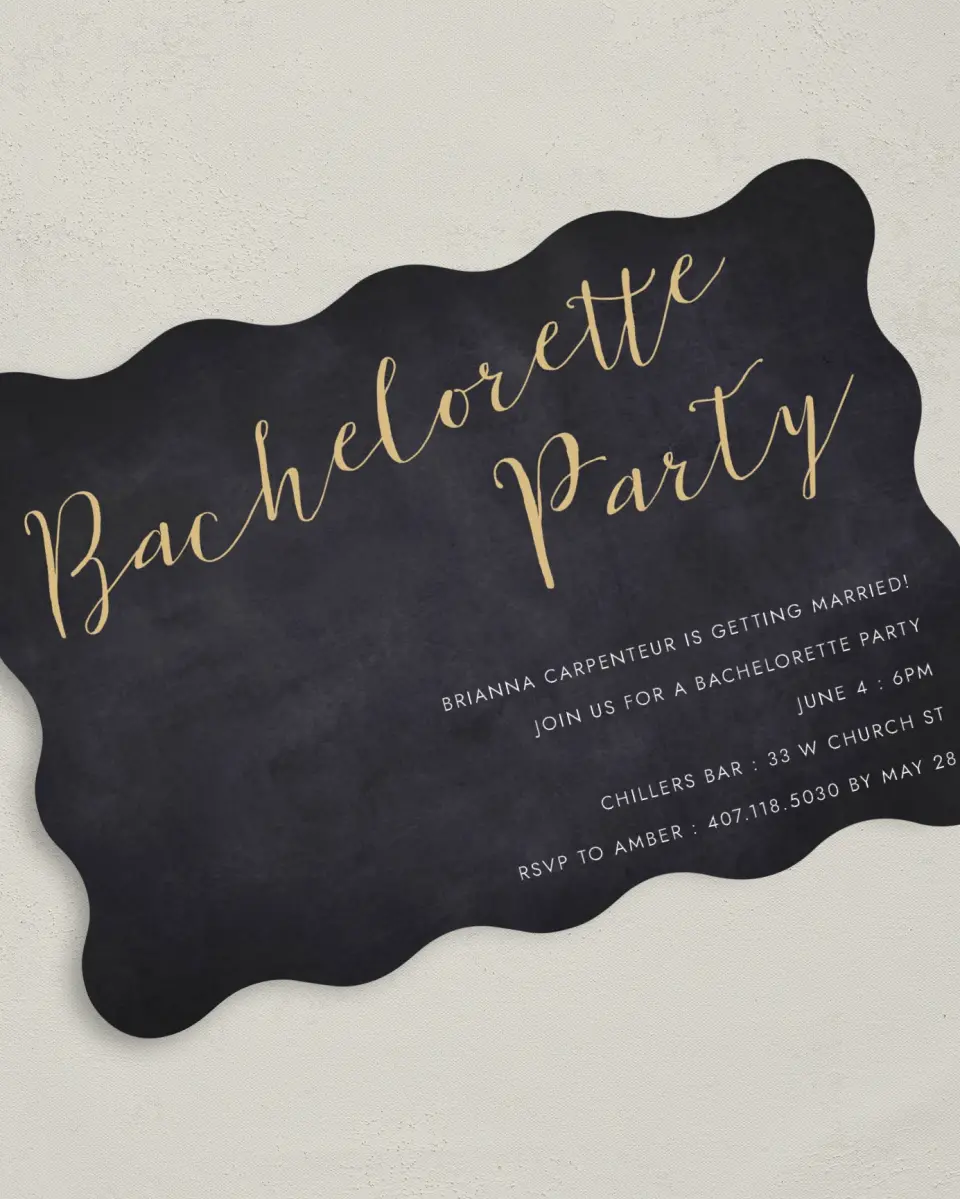 This is a 5" x 7" Bachelorette Party Invitation called Woman of the Hour printed in full color on Premium Smooth paper