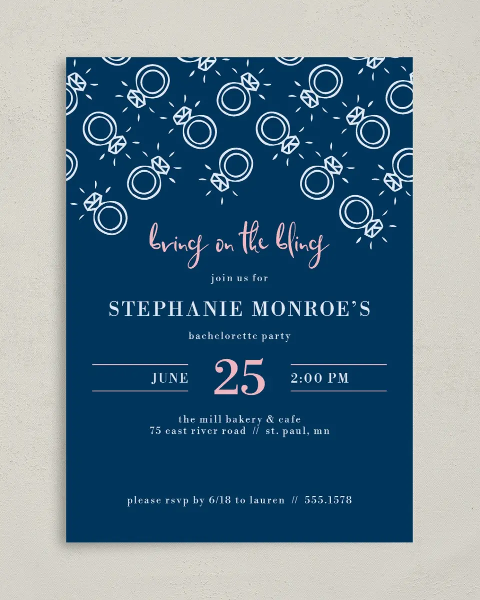 This is a 5" x 7" Bachelorette Party Invitation called Celebrate in Style printed in full color on Premium Smooth paper