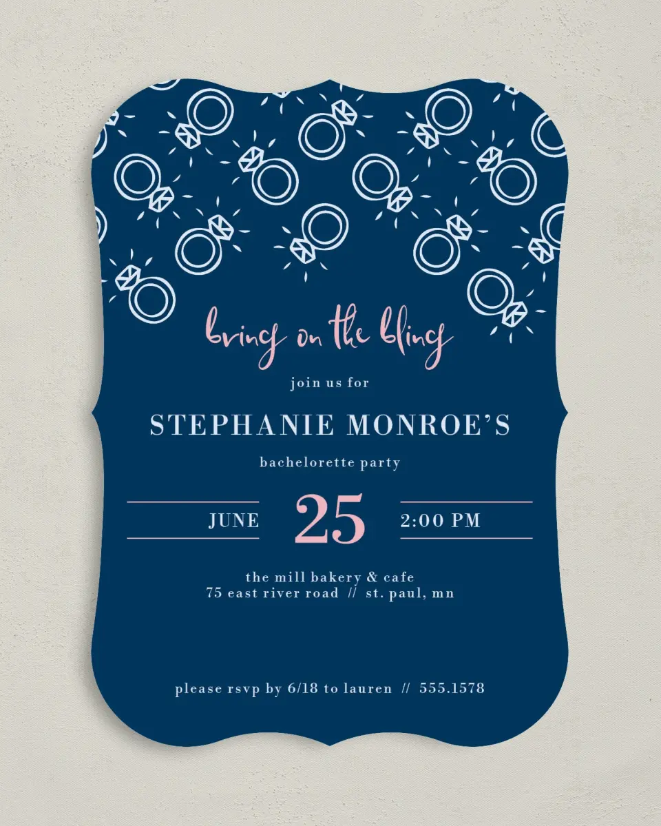 This is a 5" x 7" Bachelorette Party Invitation called Celebrate in Style printed in full color with Rose Gold foil on Luxe Satin (coated) paper