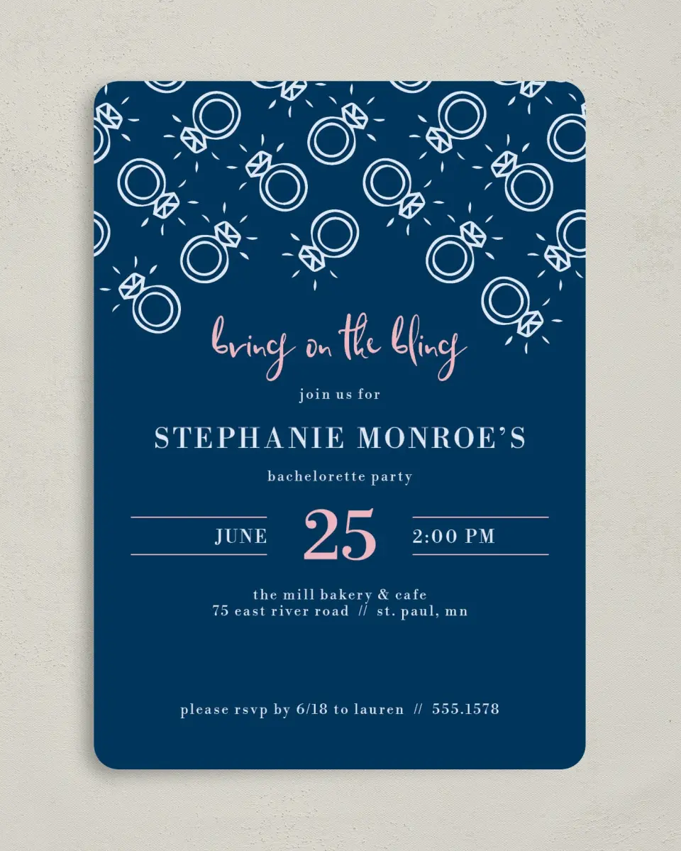 This is a 5" x 7" Bachelorette Party Invitation called Celebrate in Style printed in full color on Premium Smooth paper