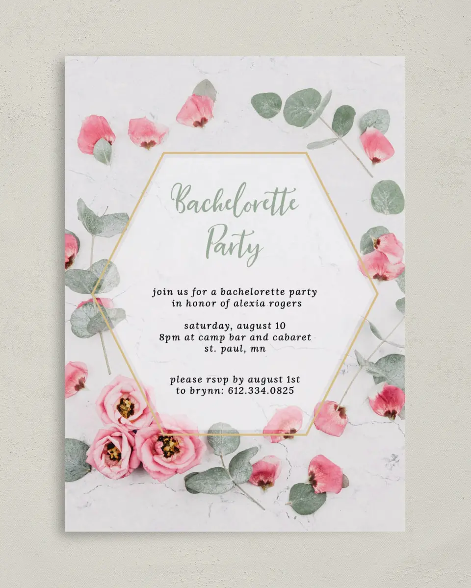 This is a 5" x 7" Bachelorette Party Invitation called Bachelorette Bliss printed in full color on Premium Smooth paper