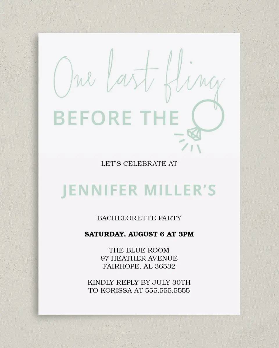 This is a 5" x 7" Bachelorette Party Invitation called Ringing Joy printed in full color on Premium Smooth paper