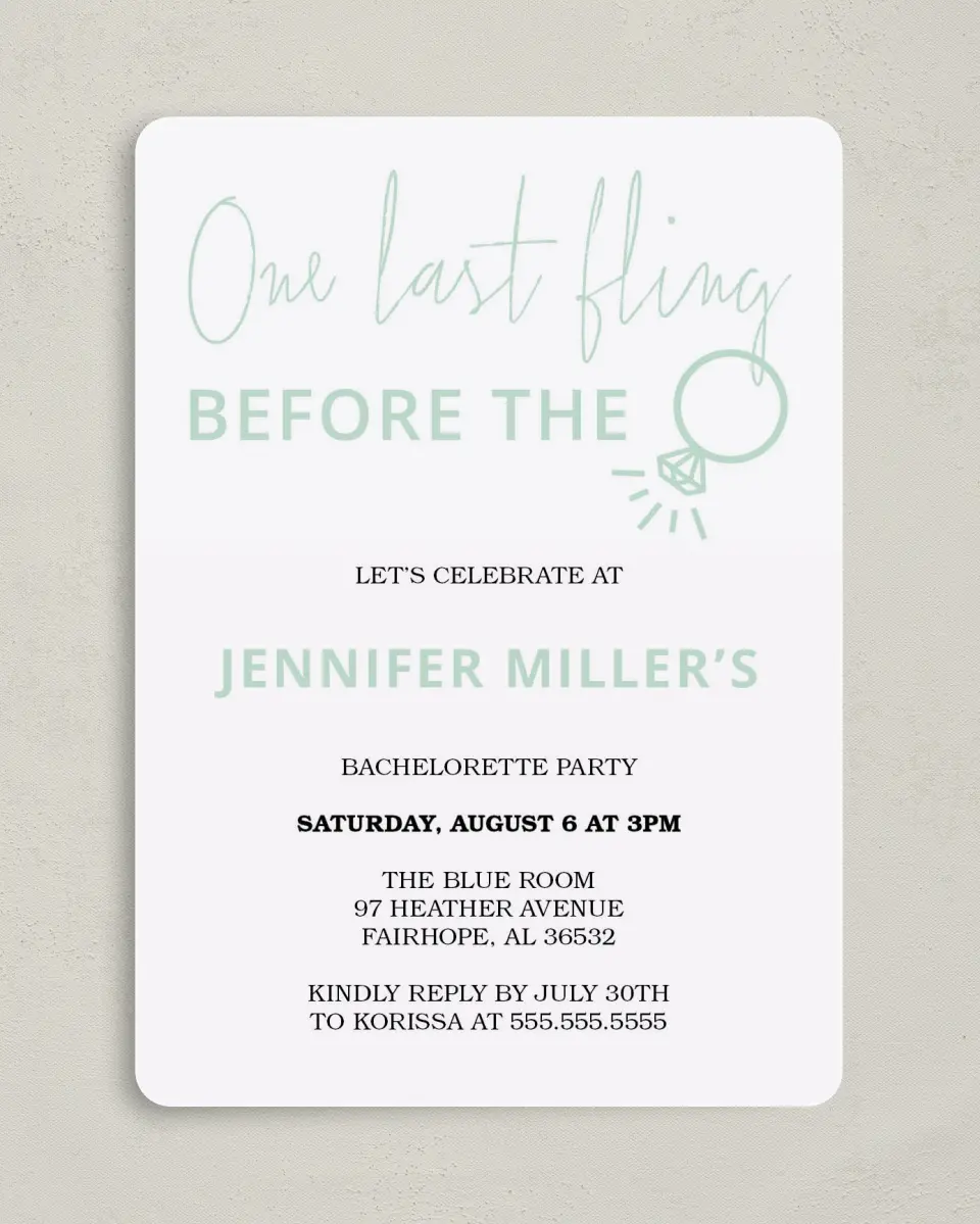 This is a 5" x 7" Bachelorette Party Invitation called Ringing Joy printed in full color on Premium Smooth paper