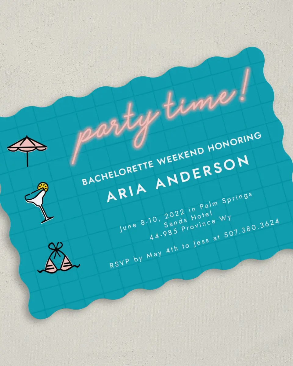 This is a 5" x 7" Bachelorette Party Invitation called Pool Time printed in full color on Premium Smooth paper