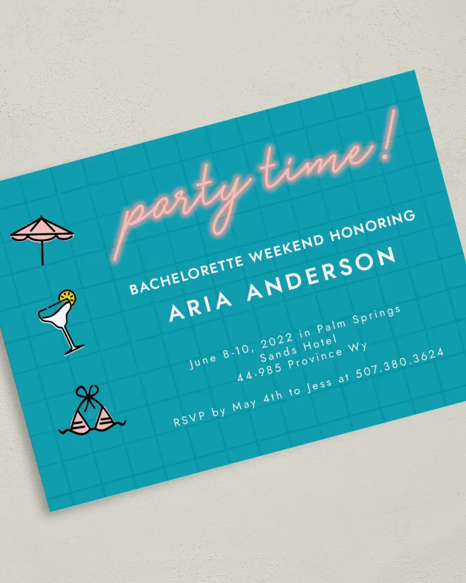 This is a 5" x 7" Bachelorette Party Invitation called Pool Time printed in full color on Premium Smooth paper