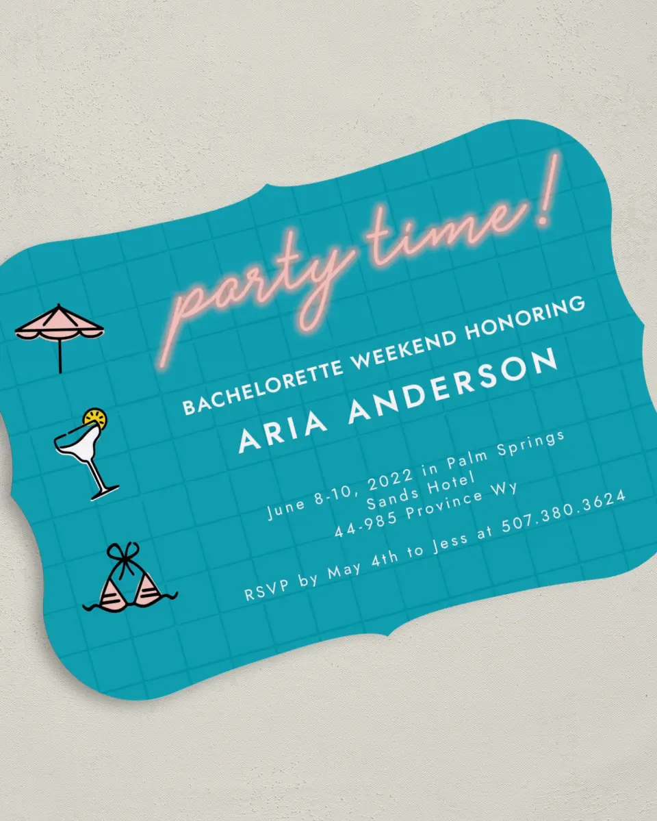This is a 5" x 7" Bachelorette Party Invitation called Pool Time printed in full color on Premium Smooth paper