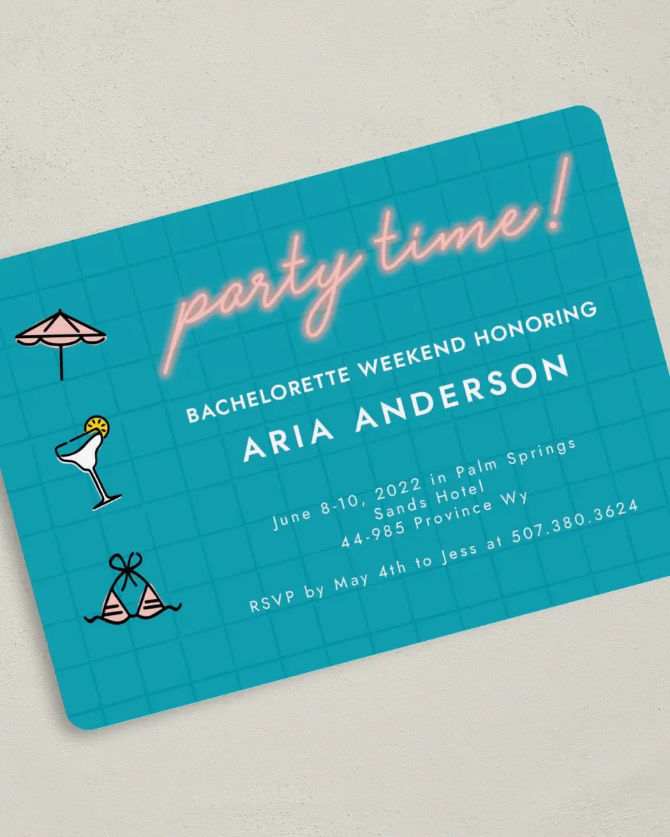 This is a 5" x 7" Bachelorette Party Invitation called Pool Time printed in full color on Premium Smooth paper