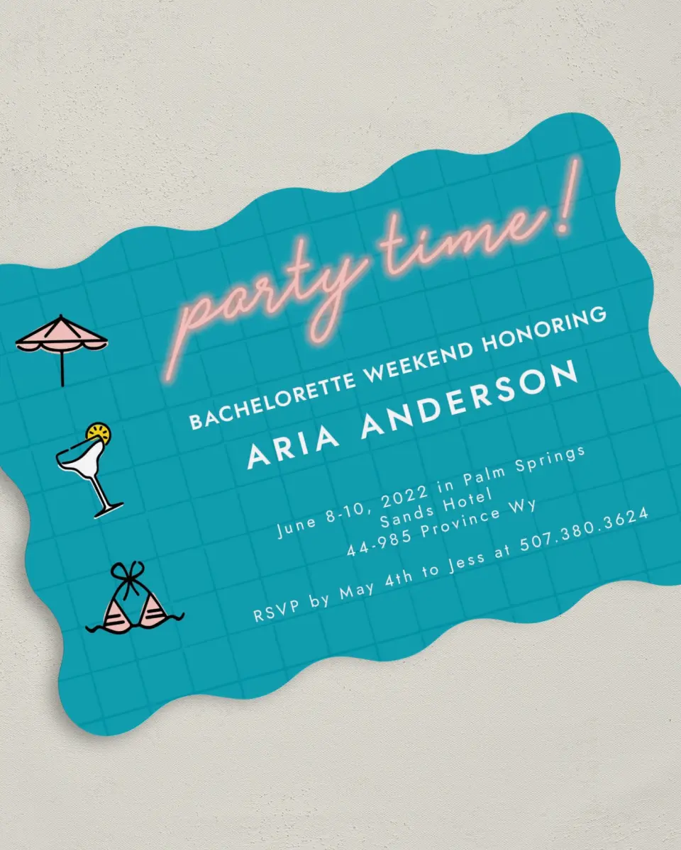 This is a 5" x 7" Bachelorette Party Invitation called Pool Time printed in full color on Premium Smooth paper