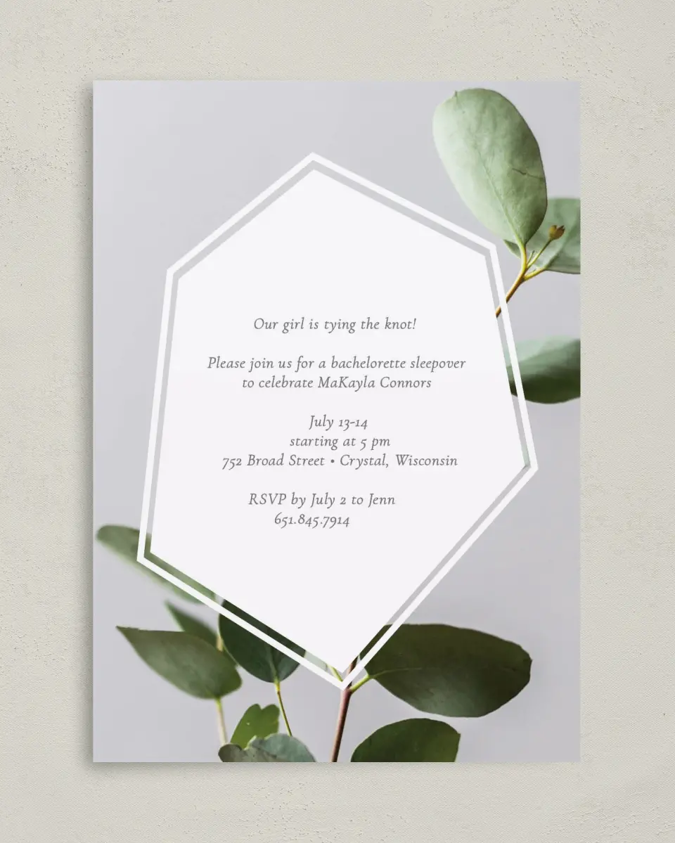 This is a 5" x 7" Bachelorette Party Invitation called Shower Sprigs printed in full color on Premium Smooth paper
