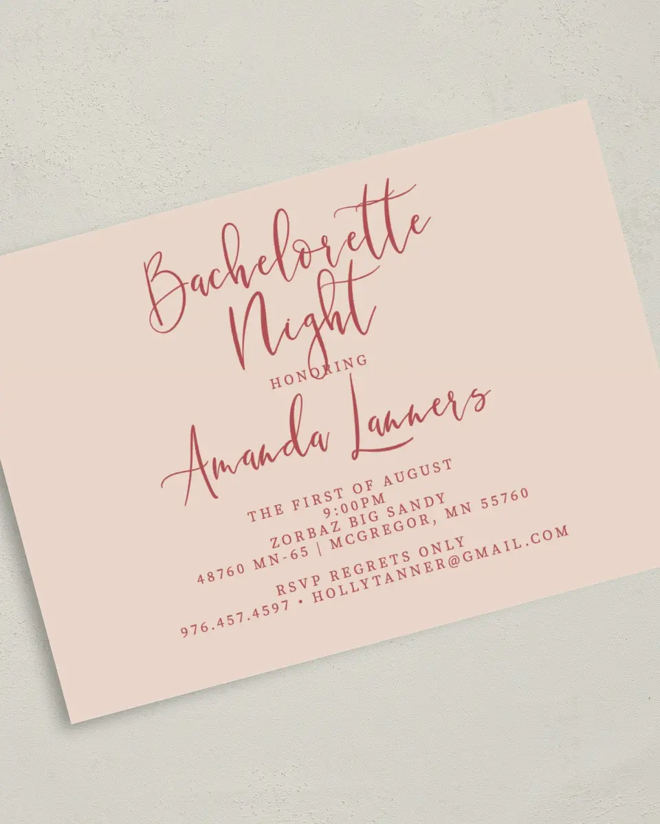 This is a 5" x 7" Bachelorette Party Invitation called Bride-To-Be Beauty printed in full color on Premium Smooth paper