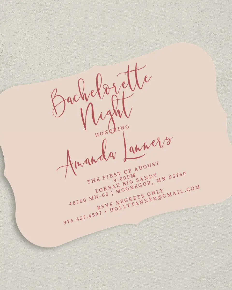 This is a 5" x 7" Bachelorette Party Invitation called Bride-To-Be Beauty printed in full color on Premium Smooth paper