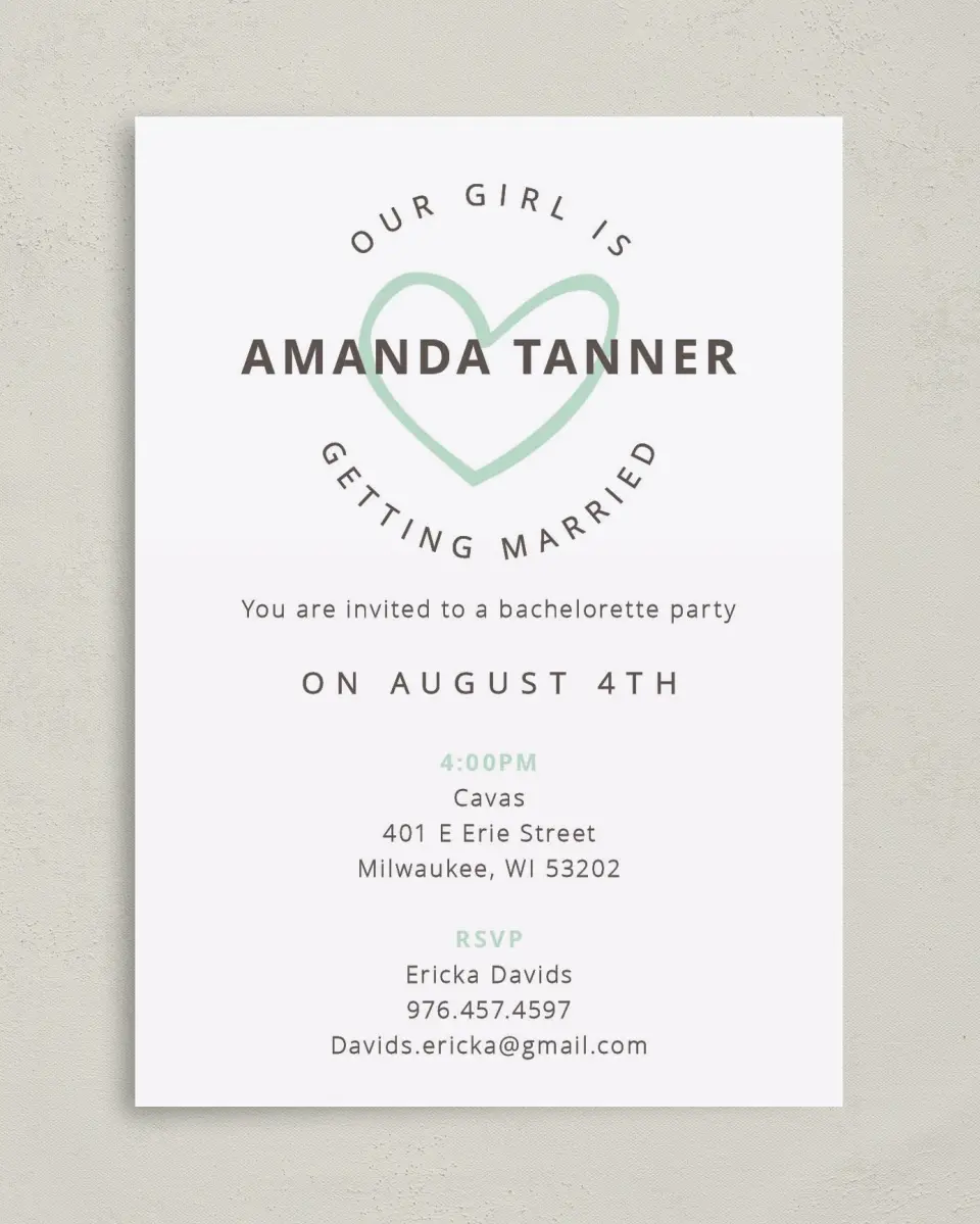 This is a 5" x 7" Bachelorette Party Invitation called Happy Hearts printed in full color on Premium Smooth paper