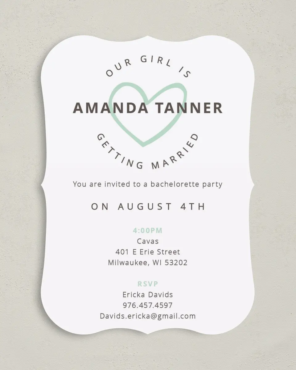 This is a 5" x 7" Bachelorette Party Invitation called Happy Hearts printed in full color on Premium Smooth paper
