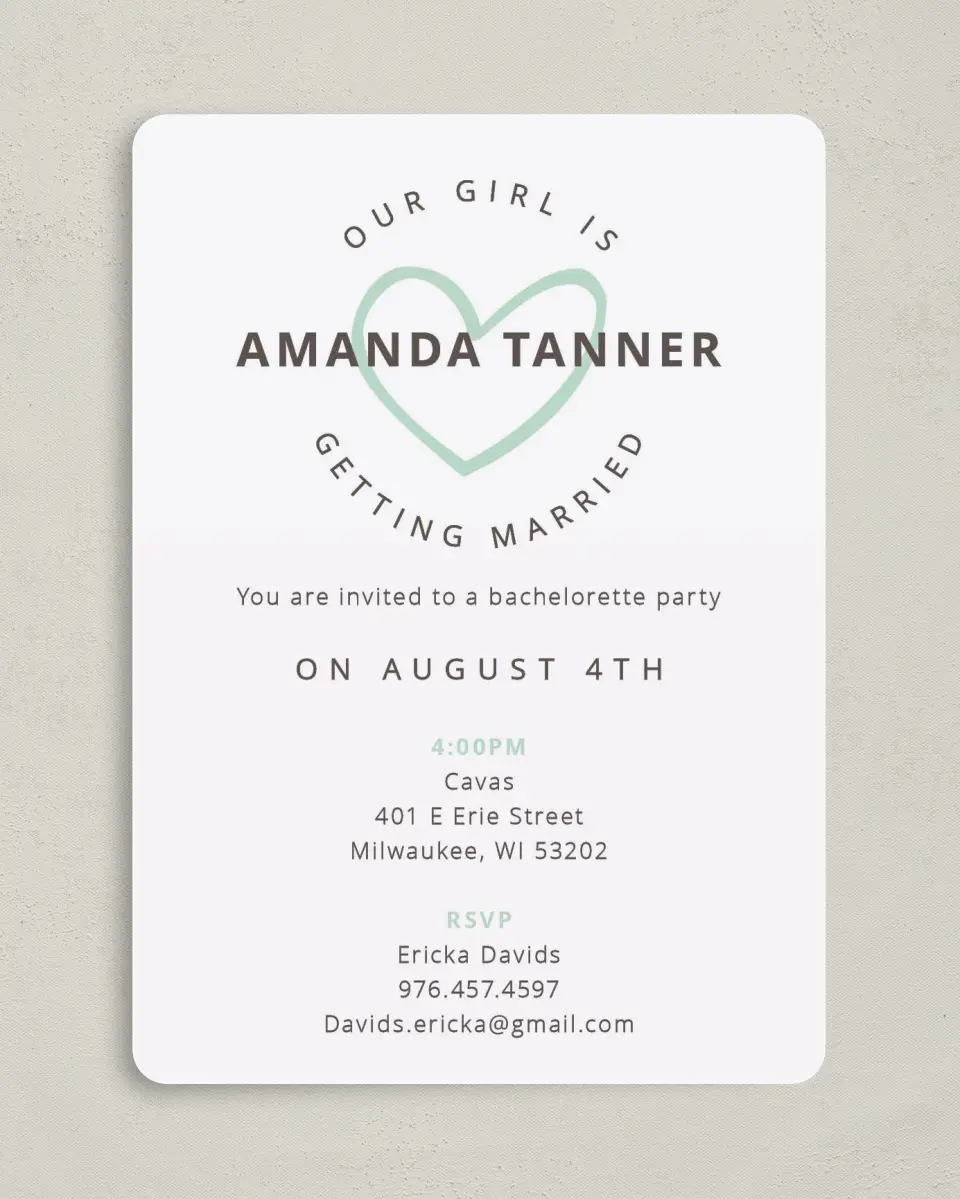 This is a 5" x 7" Bachelorette Party Invitation called Happy Hearts printed in full color on Premium Smooth paper