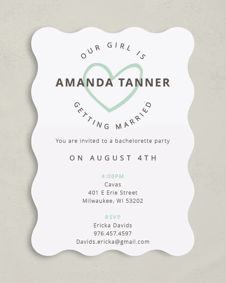 This is a 5" x 7" Bachelorette Party Invitation called Happy Hearts printed in full color on Premium Smooth paper