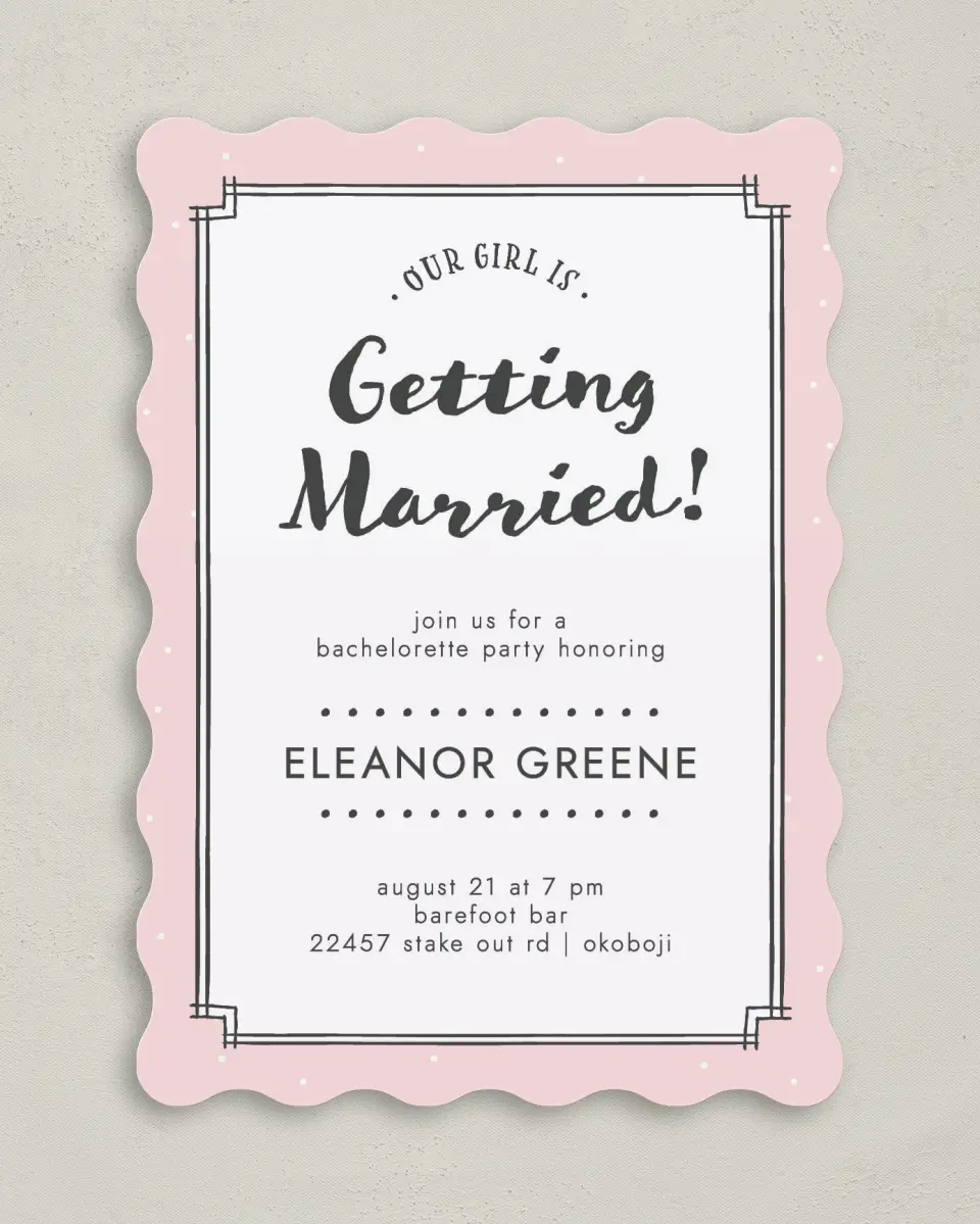 This is a 5" x 7" Bachelorette Party Invitation called Framed Attention printed in full color on Premium Smooth paper