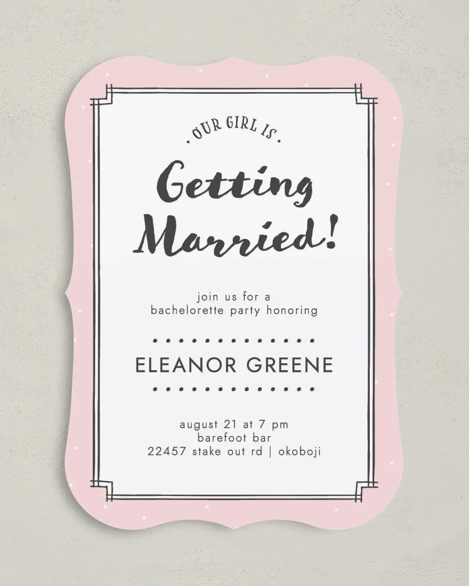 This is a 5" x 7" Bachelorette Party Invitation called Framed Attention printed in full color with Silver foil on Luxe Satin (coated) paper