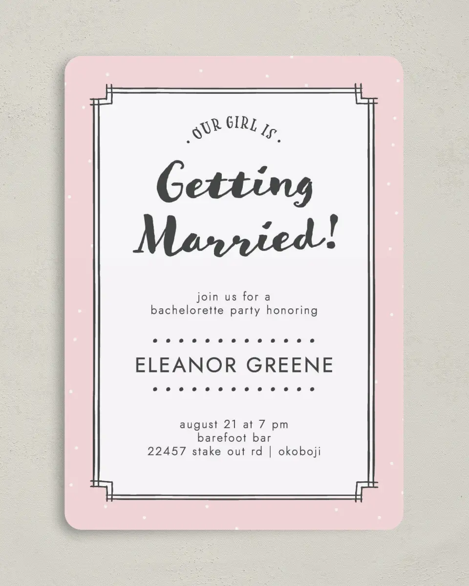 This is a 5" x 7" Bachelorette Party Invitation called Framed Attention printed in full color on Premium Smooth paper