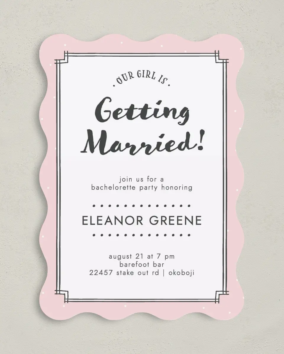 This is a 5" x 7" Bachelorette Party Invitation called Framed Attention printed in full color on Premium Smooth paper