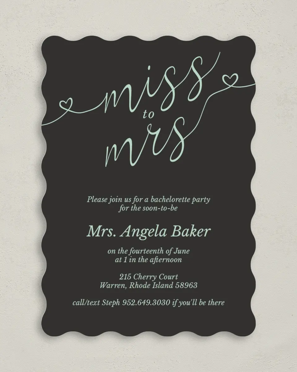 This is a 5" x 7" Bachelorette Party Invitation called Soon To Be Mrs. printed in full color on Premium Smooth paper