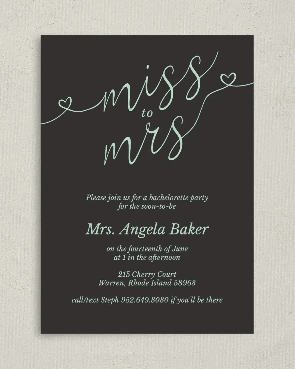 This is a 5" x 7" Bachelorette Party Invitation called Soon To Be Mrs. printed in full color on Premium Smooth paper
