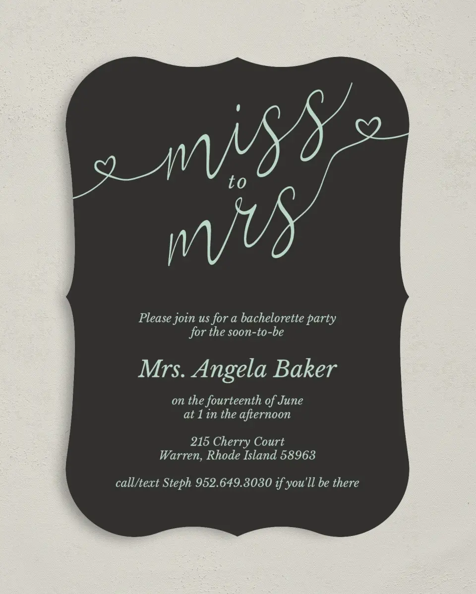 This is a 5" x 7" Bachelorette Party Invitation called Soon To Be Mrs. printed in full color on Premium Smooth paper