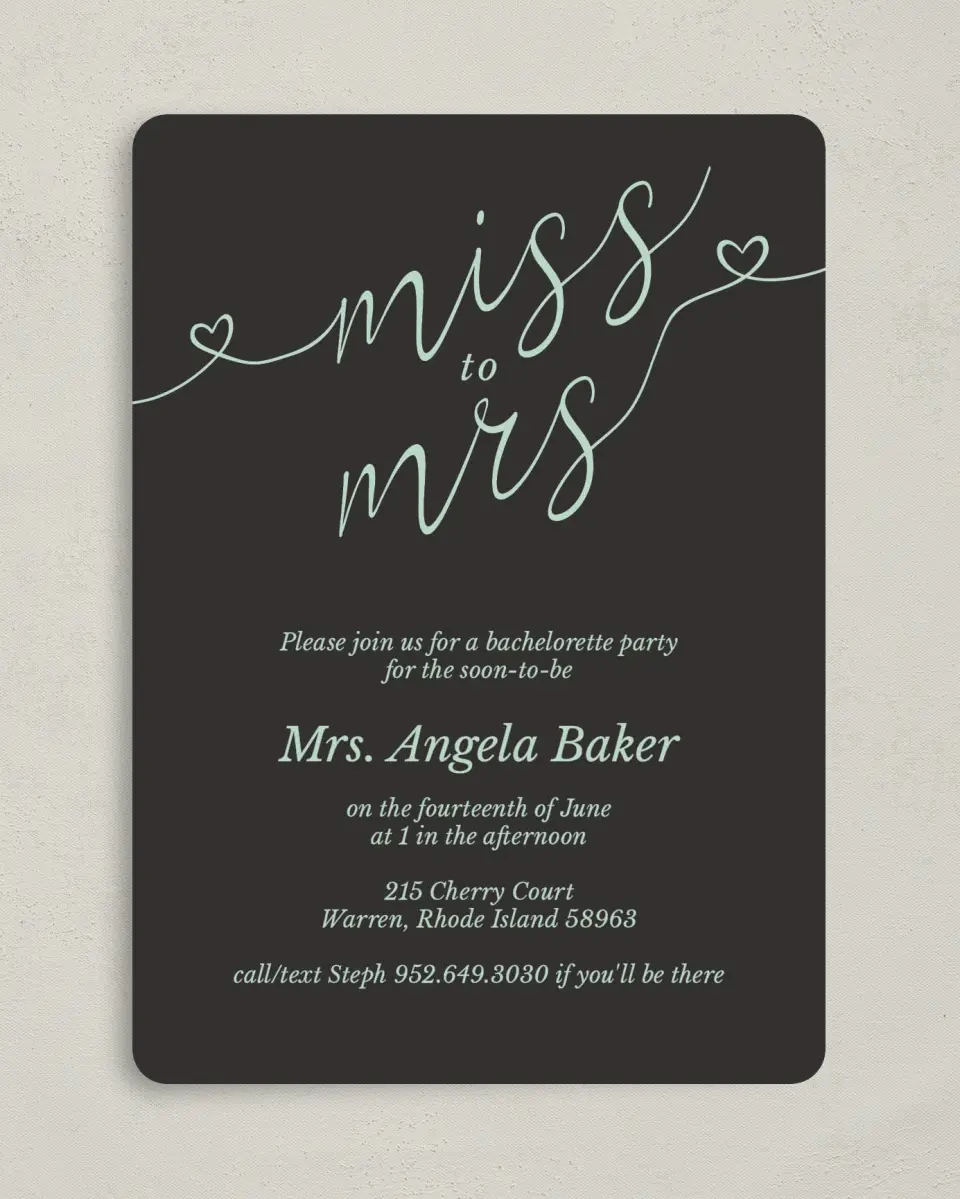 This is a 5" x 7" Bachelorette Party Invitation called Soon To Be Mrs. printed in full color on Premium Smooth paper