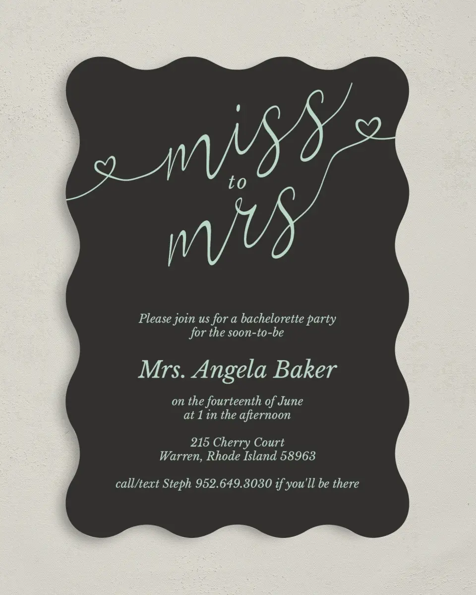 This is a 5" x 7" Bachelorette Party Invitation called Soon To Be Mrs. printed in full color on Premium Smooth paper