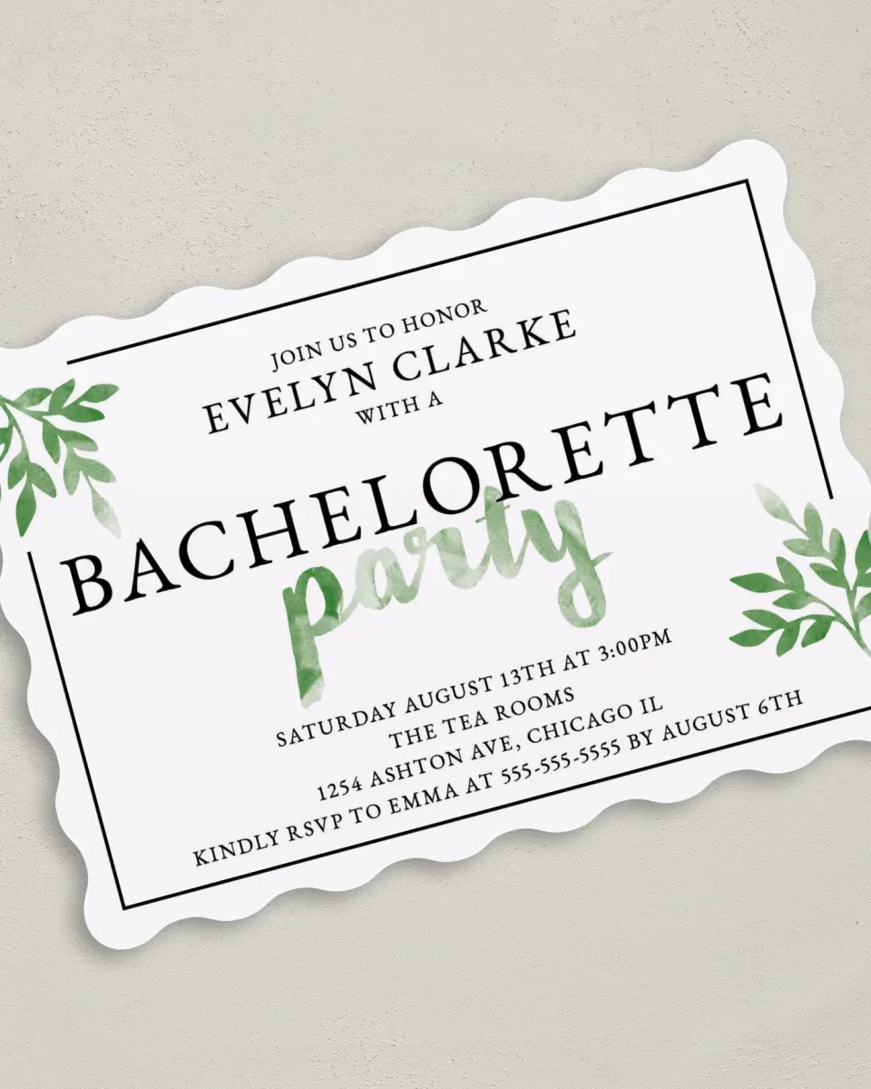 This is a 5" x 7" Bachelorette Party Invitation called Watercolor Greenery printed in full color on Premium Smooth paper