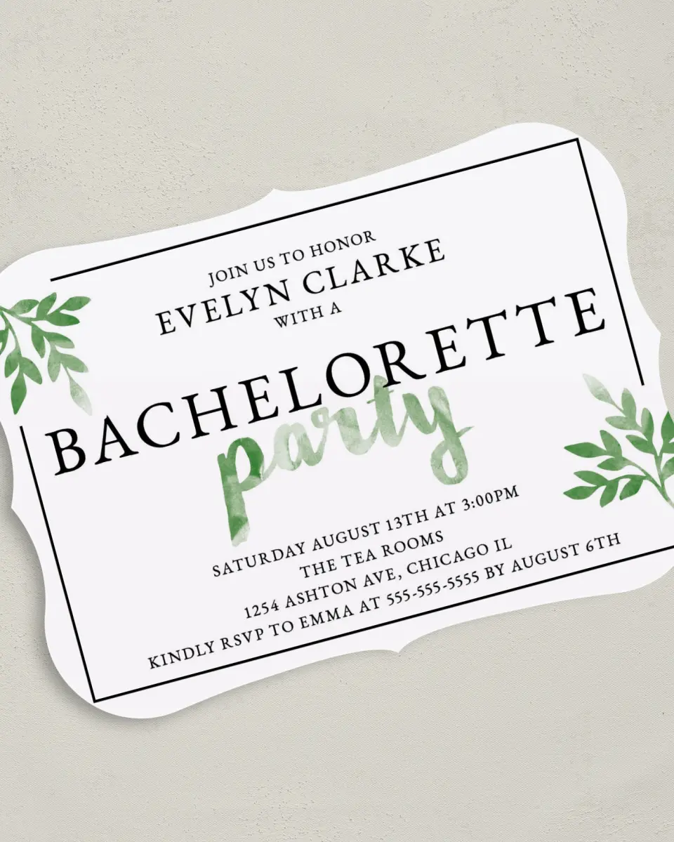This is a 5" x 7" Bachelorette Party Invitation called Watercolor Greenery printed in full color on Premium Smooth paper