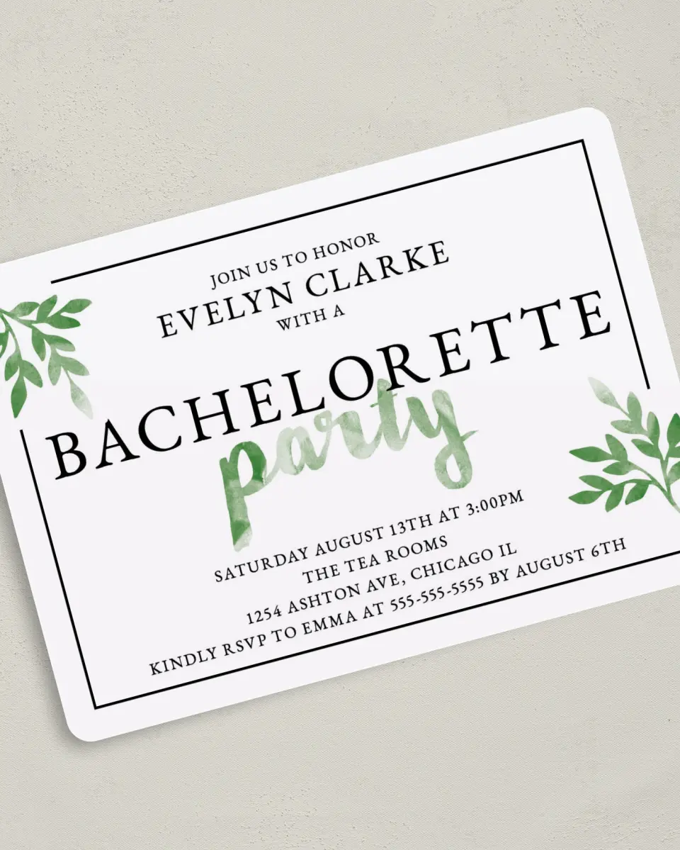 This is a 5" x 7" Bachelorette Party Invitation called Watercolor Greenery printed in full color on Premium Smooth paper