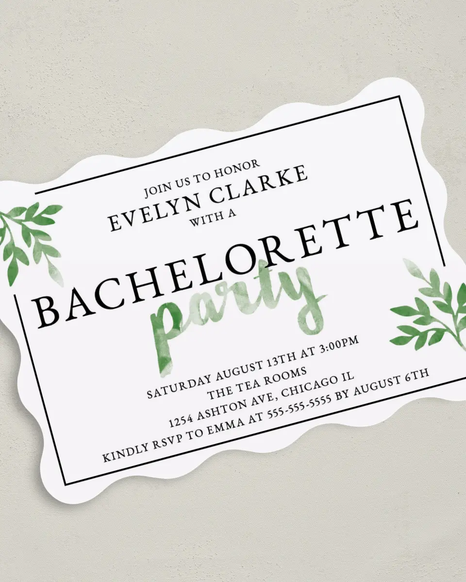 This is a 5" x 7" Bachelorette Party Invitation called Watercolor Greenery printed in full color with Rose Gold foil on Luxe Satin (coated) paper