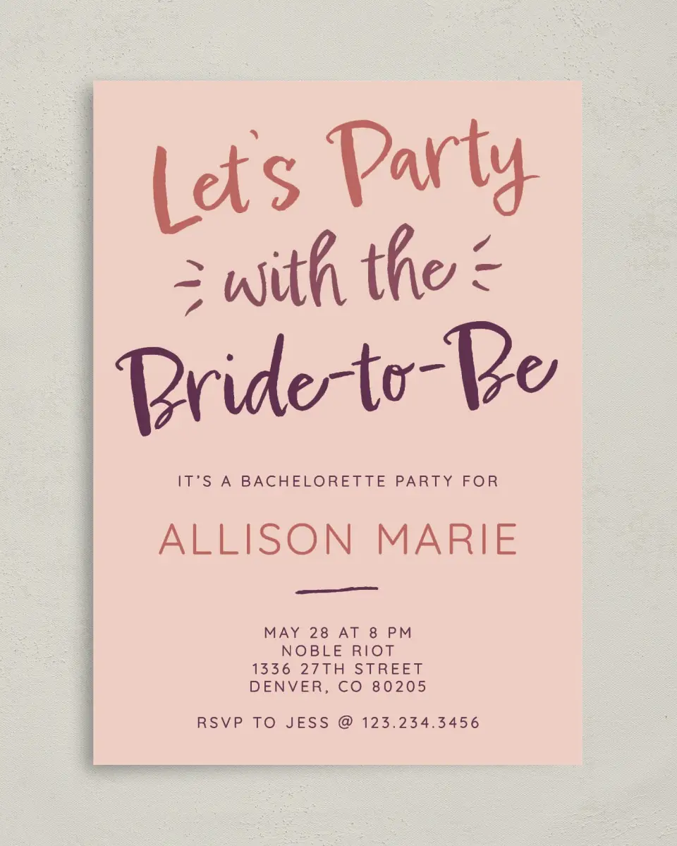 This is a 5" x 7" Bachelorette Party Invitation called Bride-to-Be Blessing printed in full color on Premium Smooth paper