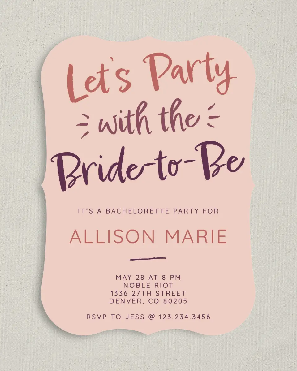 This is a 5" x 7" Bachelorette Party Invitation called Bride-to-Be Blessing printed in full color on Premium Smooth paper